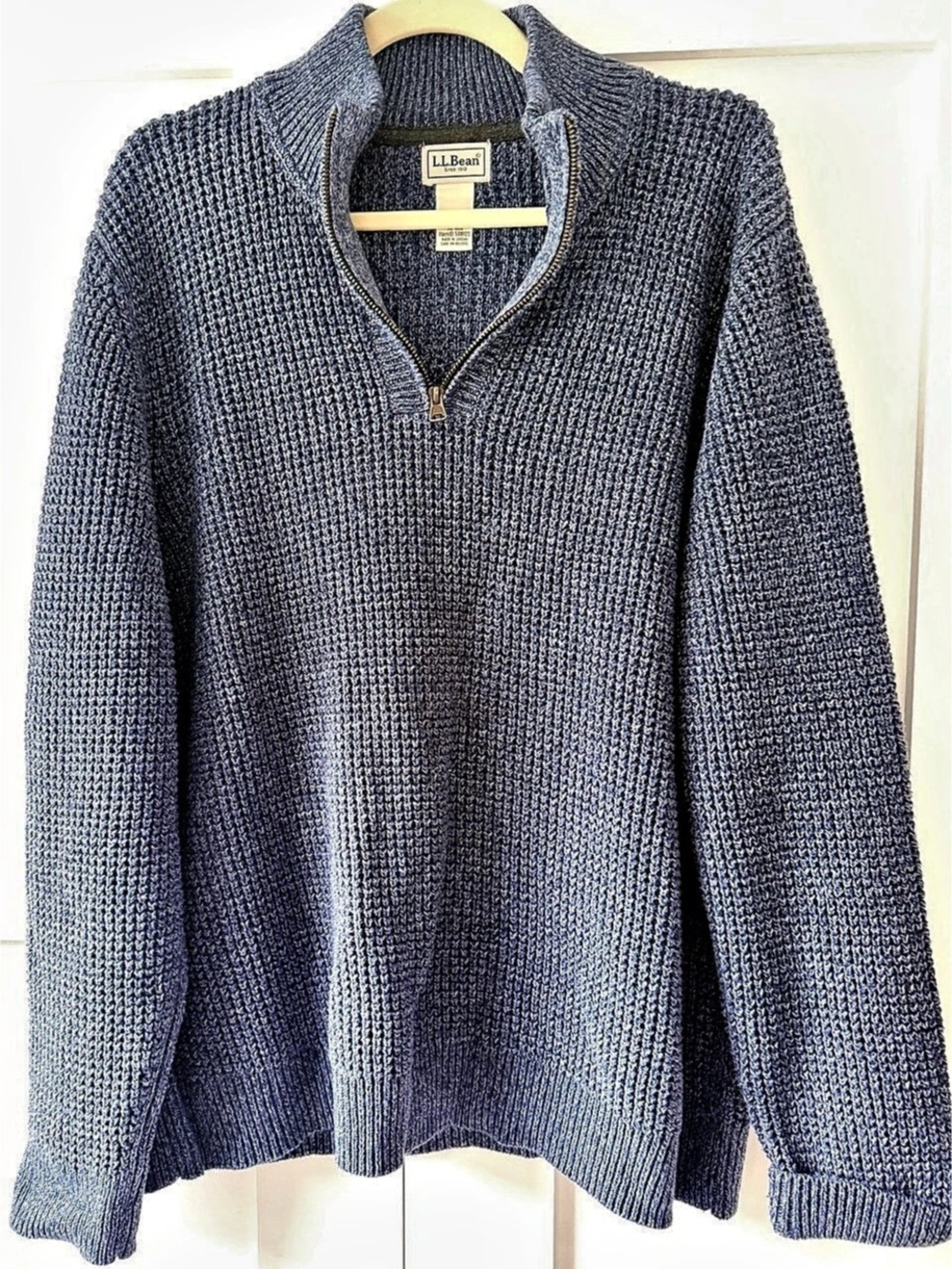 L.L.Bean Men's Organic Cotton Waffle Sweater, Quarter Zip Blue XL